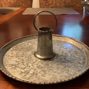 Rustic  round galvanized bottle topper serving tray 10 inches